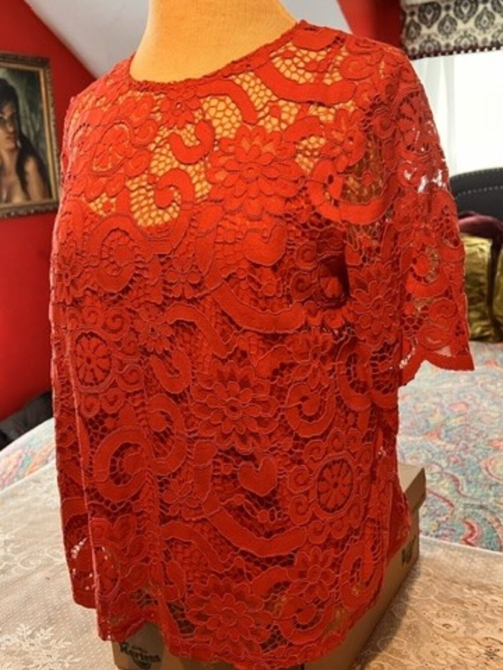 Nanette Lepore Red Lace Ribbon Back Top Size S